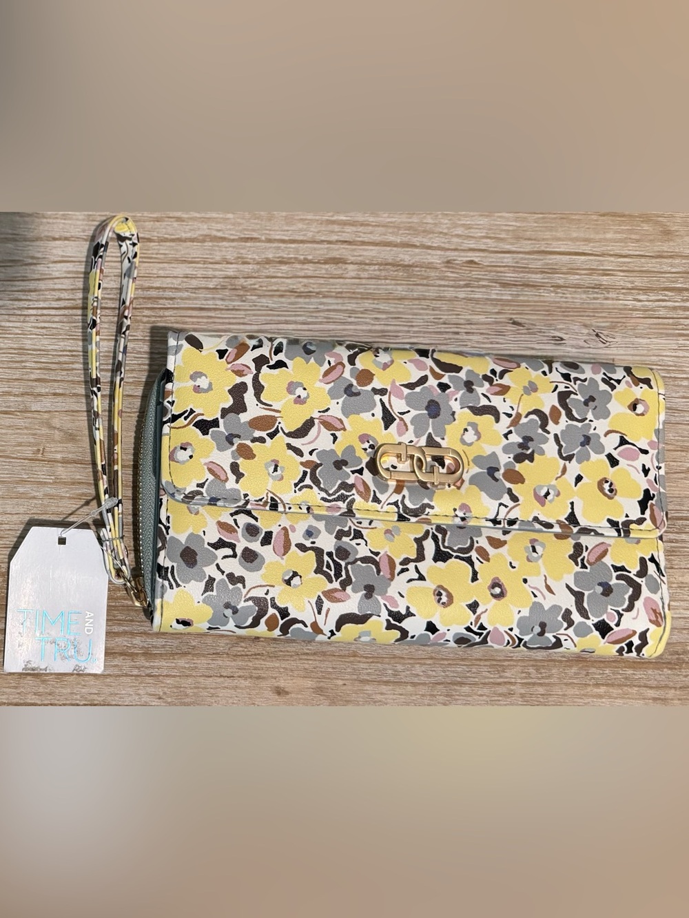 Time and Tru Yellow Floral Wristlet Clutch